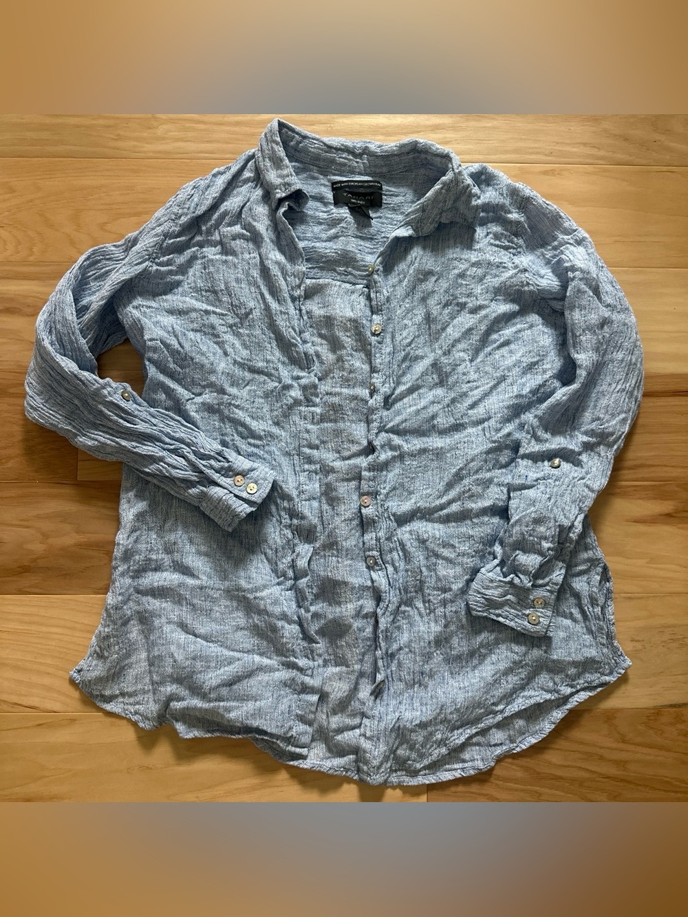 Tahari Linen Blue white Button-Up Shirt